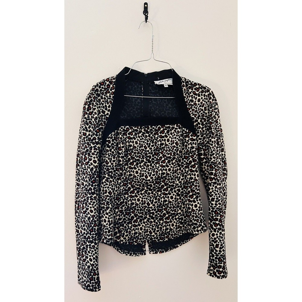 Vintage 90s Linda Segal Animal Leopard Print Velour Back Zip Fitted Top Sz 6